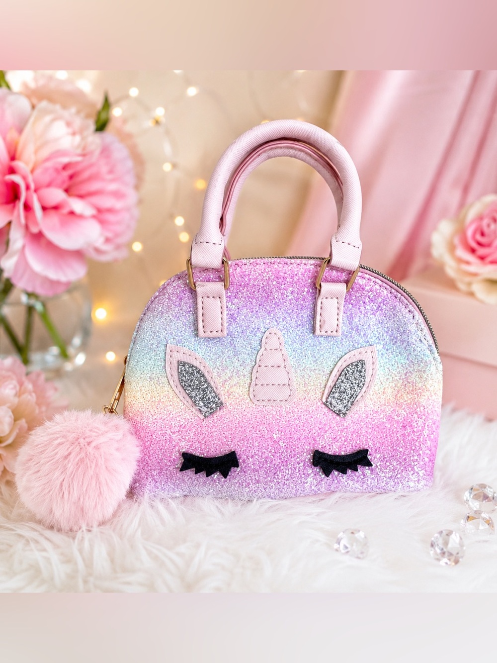 Girls Glitter Rainbow Unicorn Purse Mini Handbag Pom Pom Pastel Sparkle Cute - Picture 1 of 12